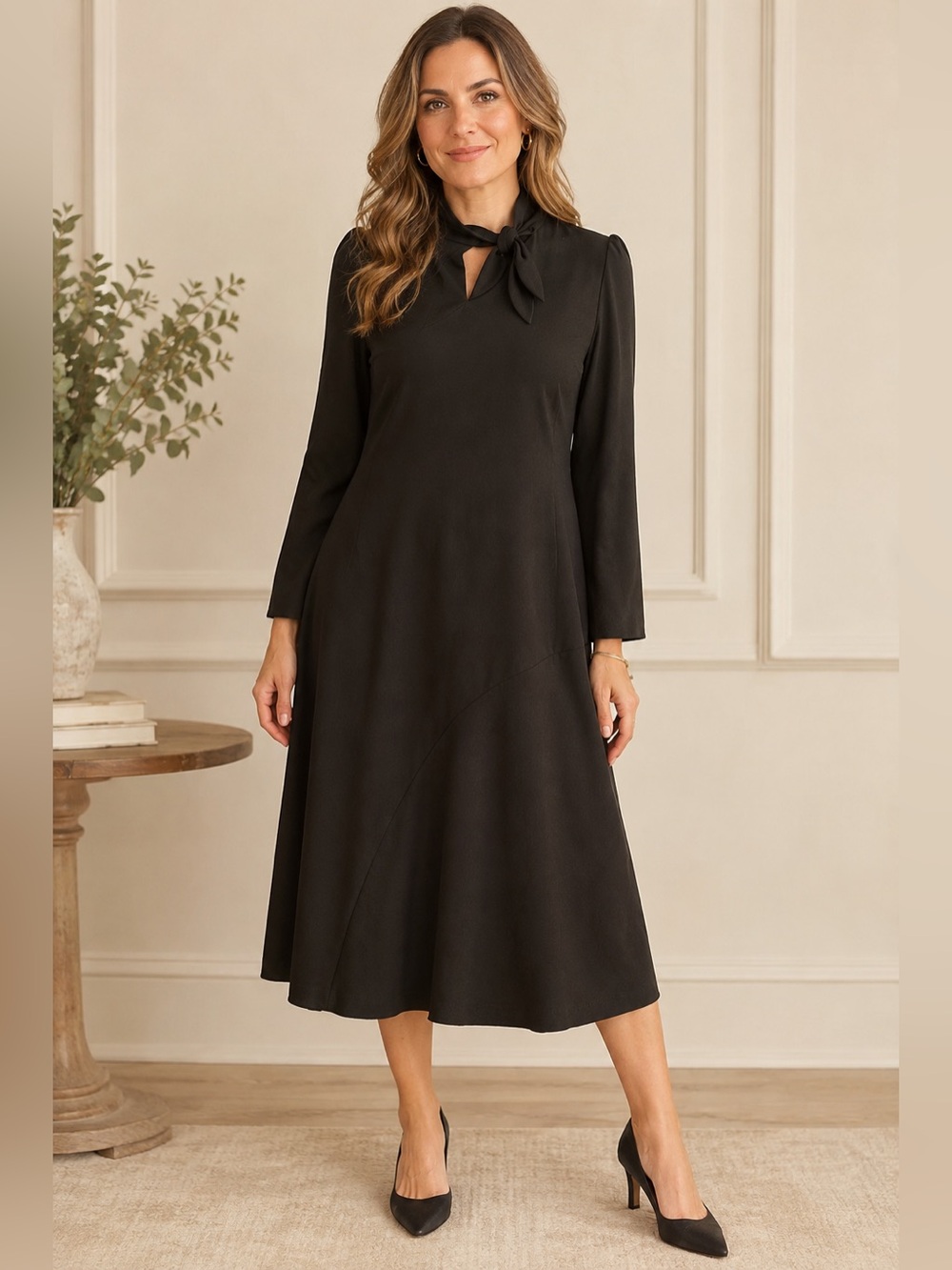 Maggy London Elegant Black Tie-Neck Midi Dress -